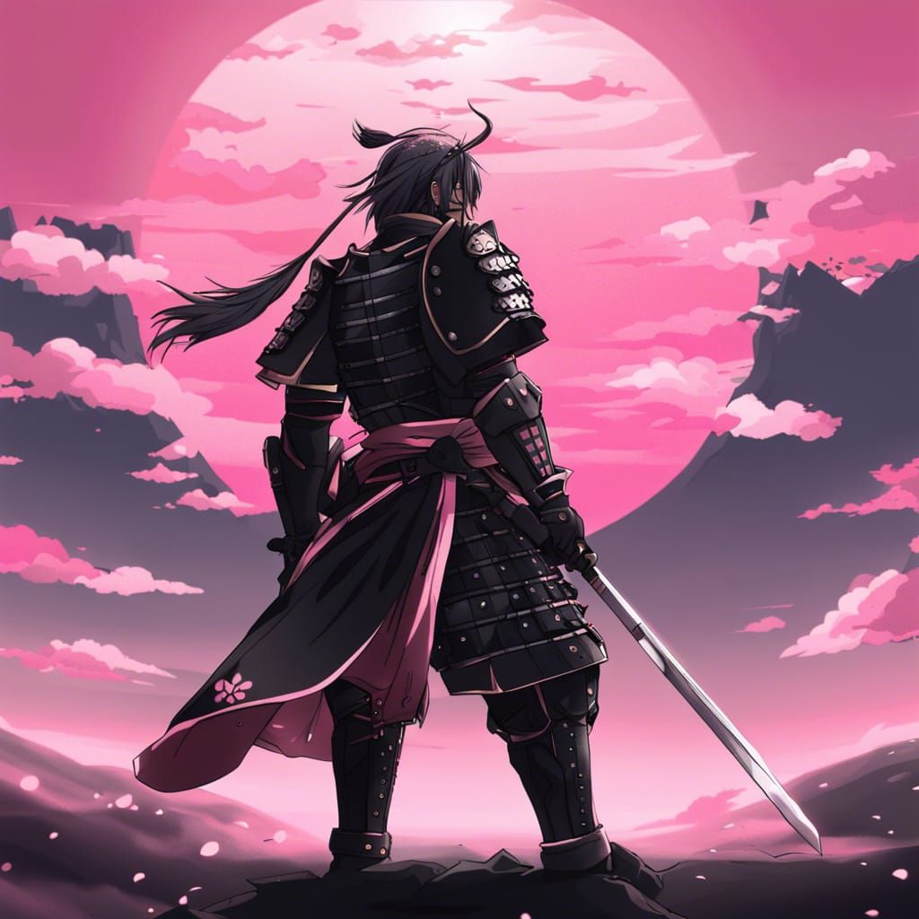 Samurai in Pink and Black Armor, Anime Style