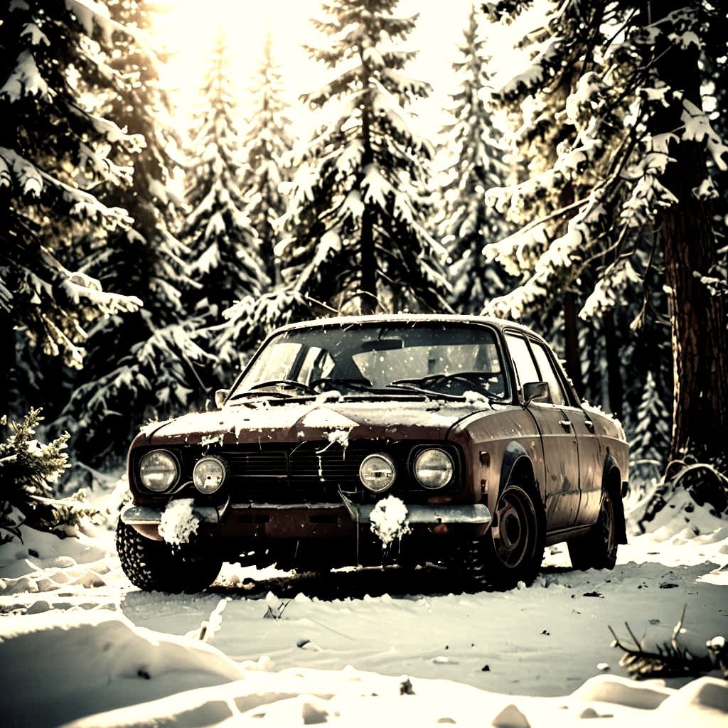 Abandoned Car in Snowy Forest, Matte Painting