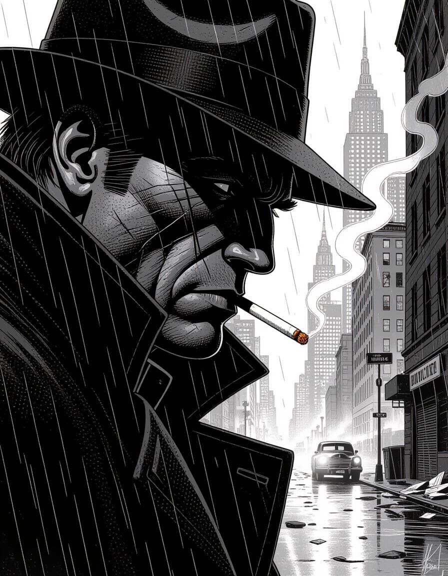 Gritty Noir Detective Face in Comic Book Style