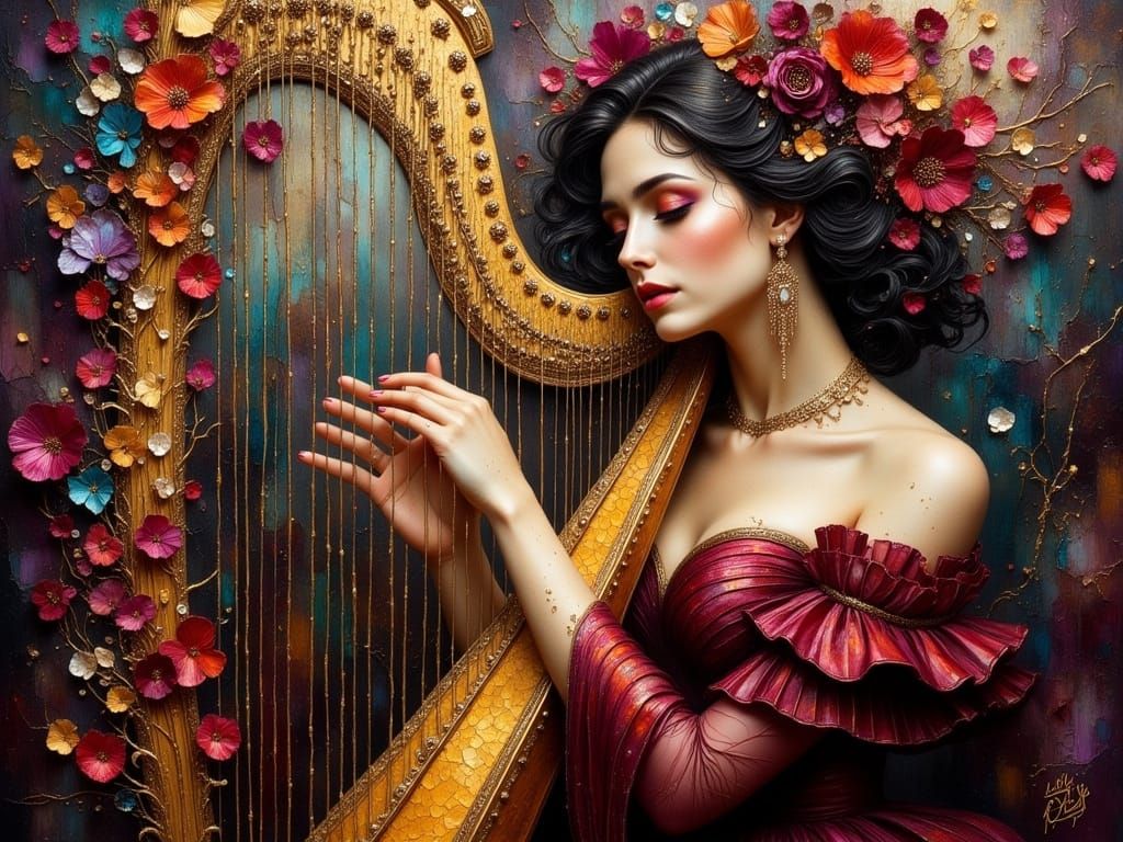 Passionate Harpist in Stormy Oil Painting Style