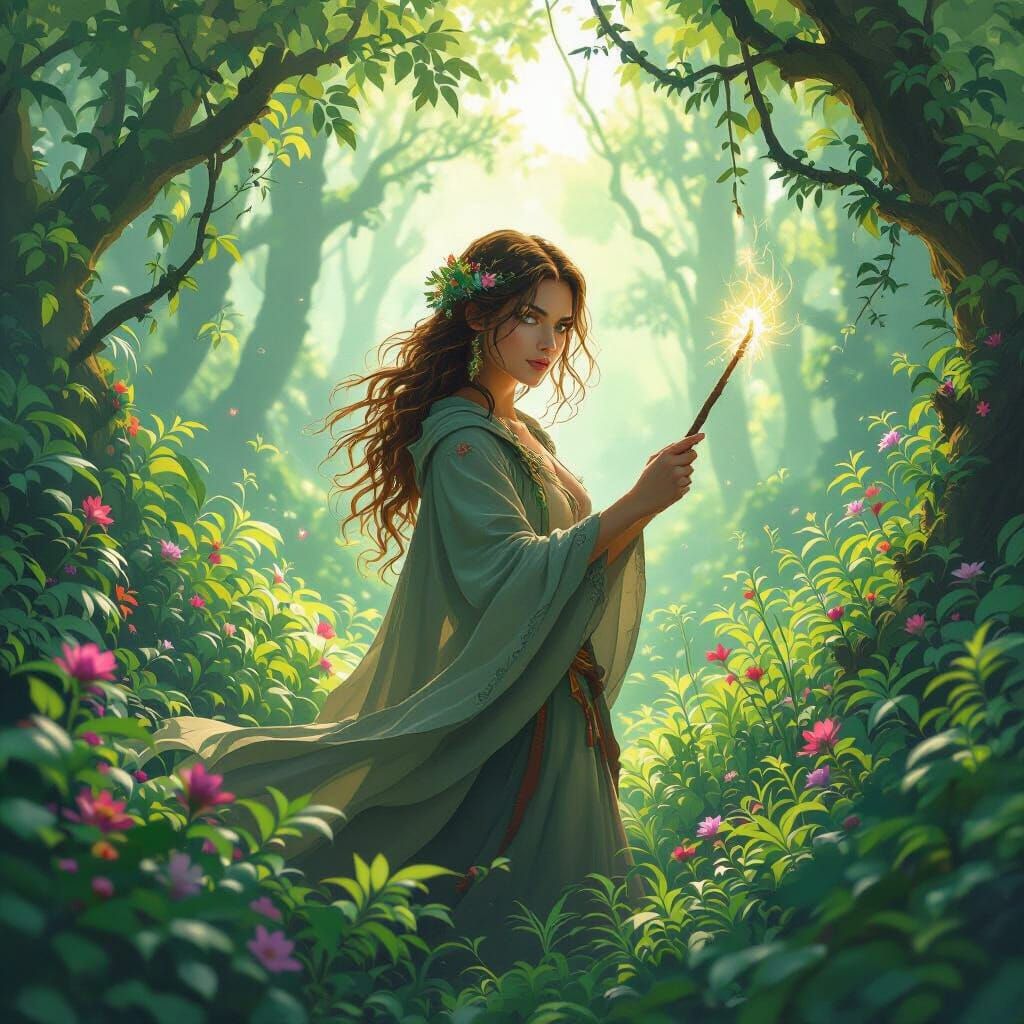 Enchantress in Wild Forest with Magic Wand