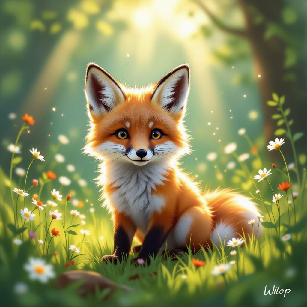 Baby Fox Playing in Sunlit Forest Clearing