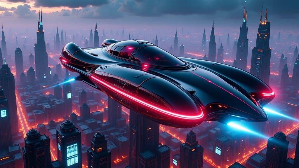 Futuristic Hovercraft Flies Over Neon Tokyo Skyline
