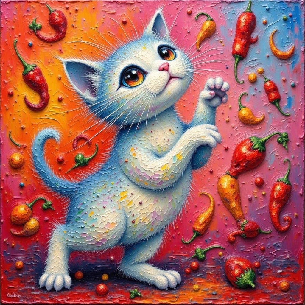Vibrant Impasto Scene of Dancing Cat and Chili Peppers