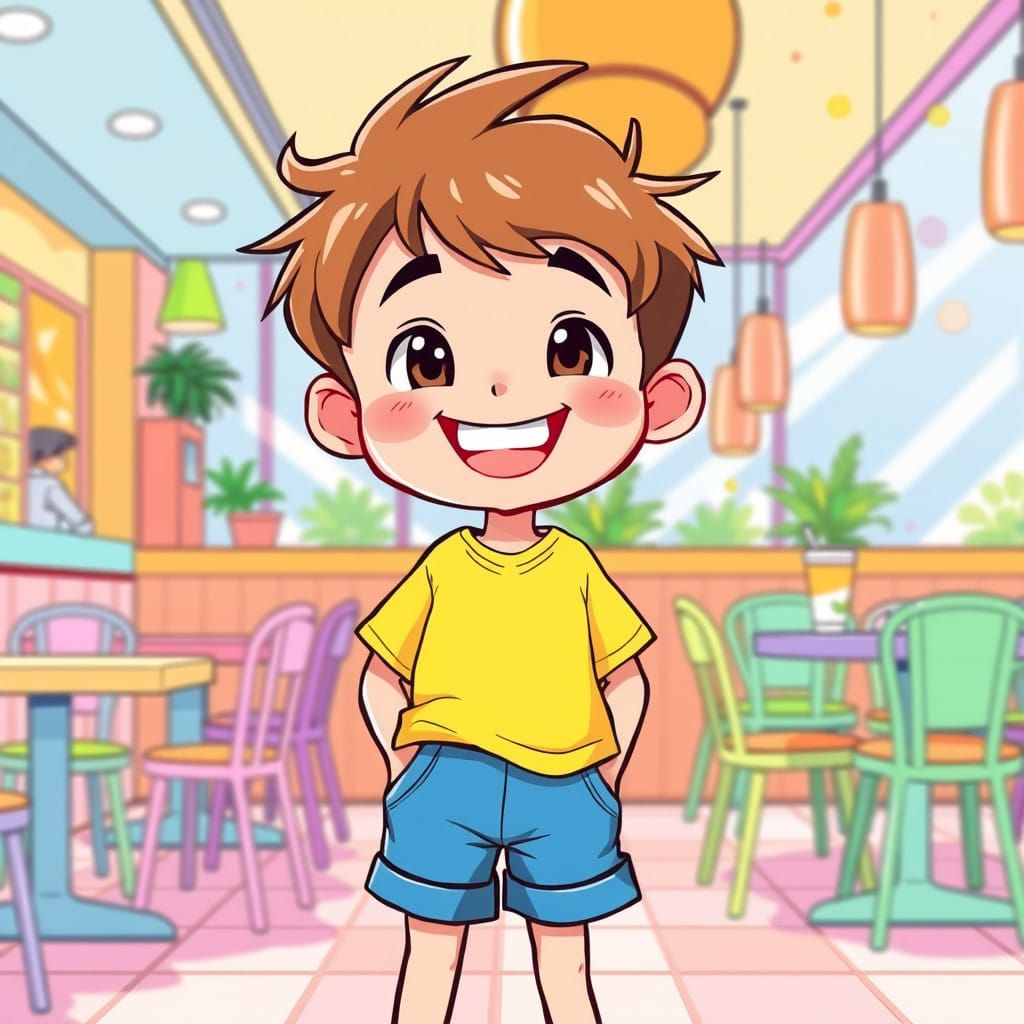 Cheerful Boy in a Whimsical Restaurant Scene