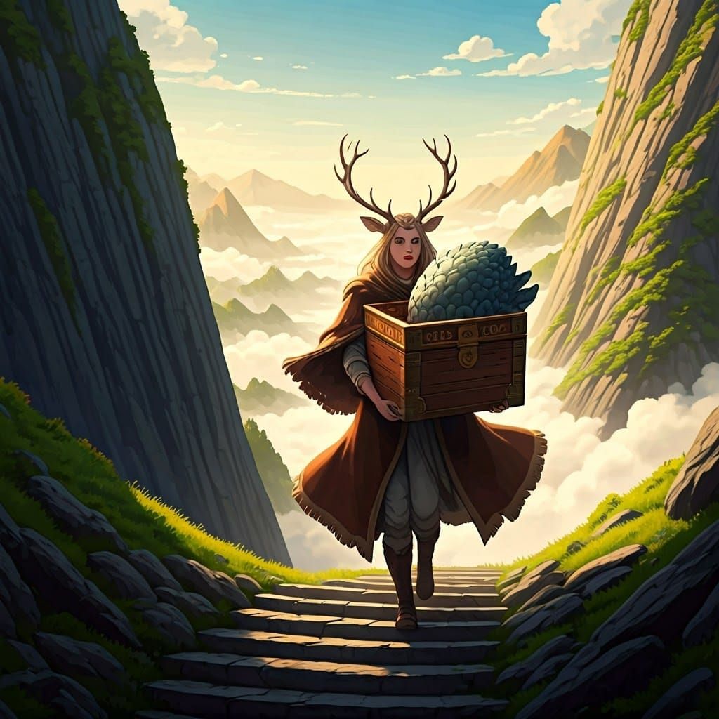 Majestic Woman Climbs Mountain with Dragon Egg