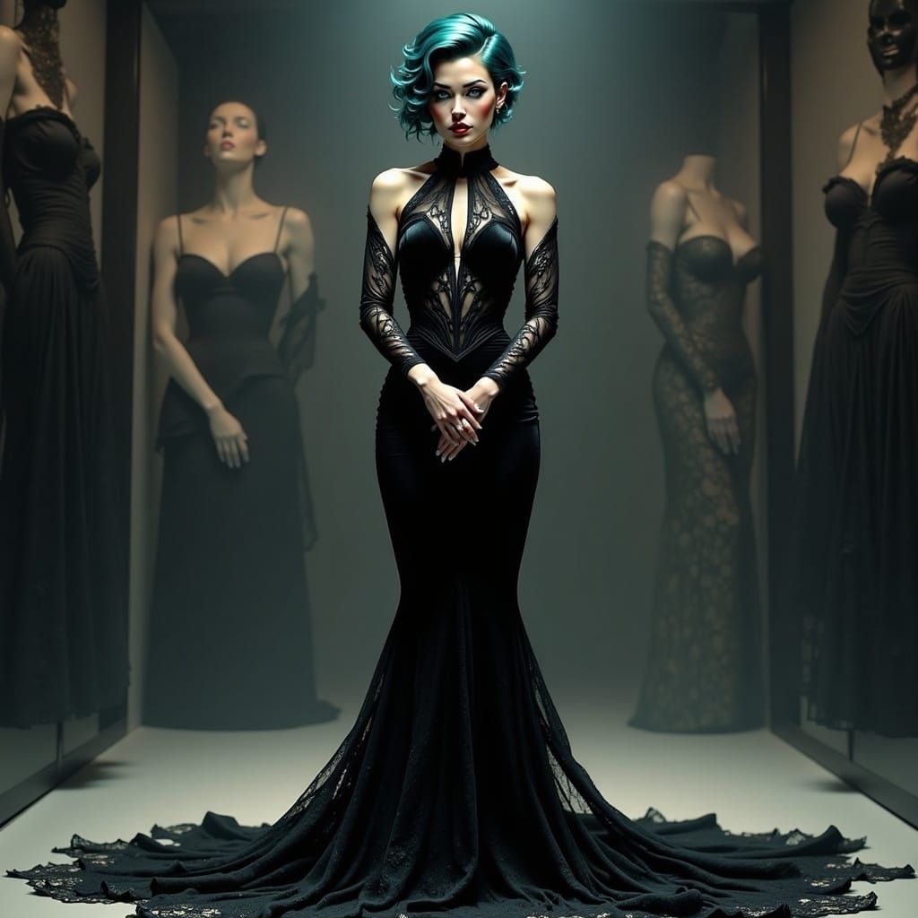 Fashion Designer in Velvet Gown, Digital Drawing