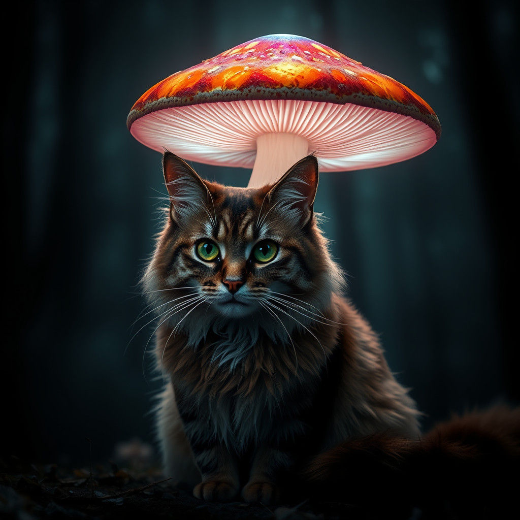 Regal Cat Under Glowing Mushroom in Misty Forest