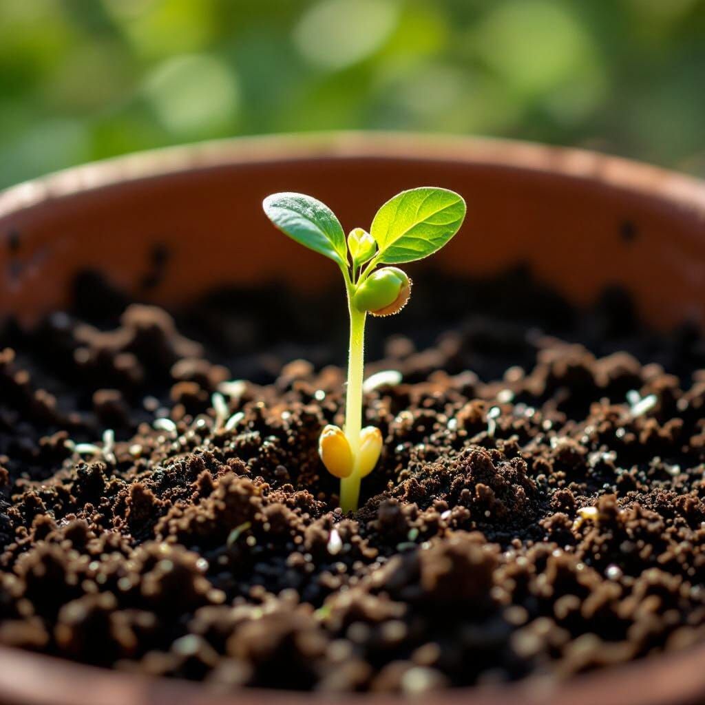 Close-Up Macro Photo of Bean Sprout with Seed Casing
