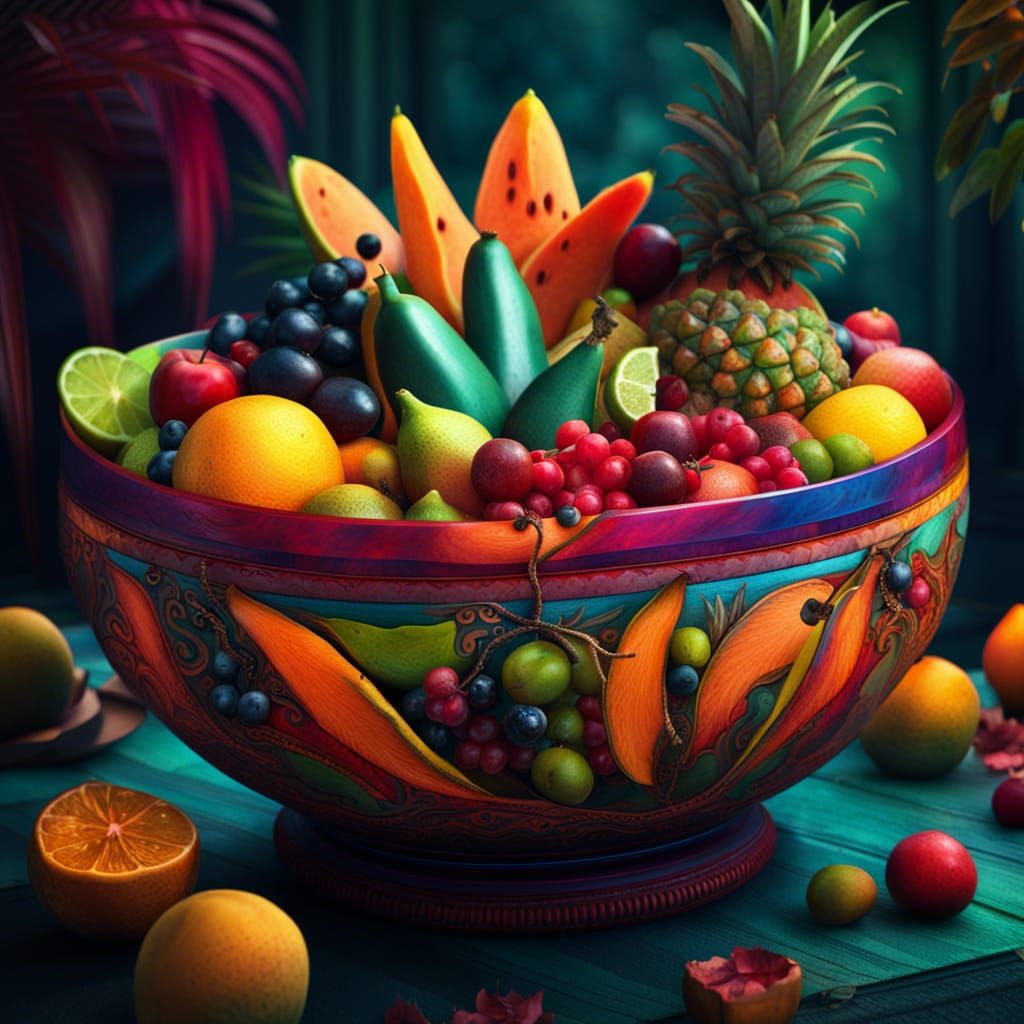 Vibrant Exotic Fruit Bowl in Digital Painting Style