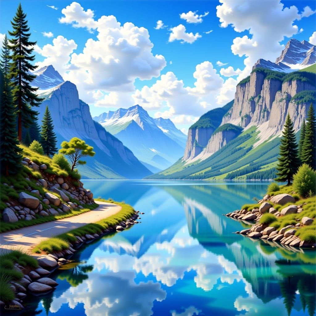 Majestic Mountain Reflection in Hyperdetailed Oil Painting