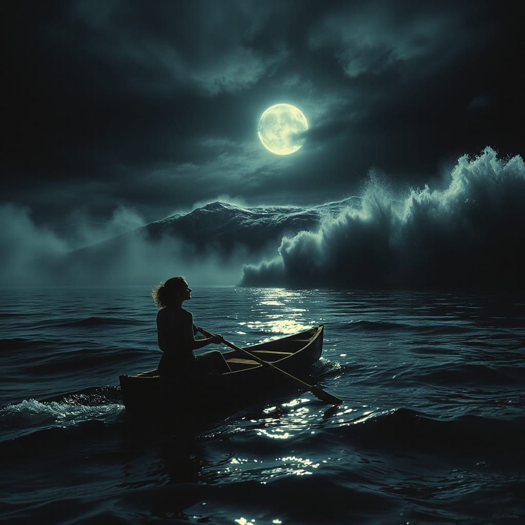 Eerie Nocturnal Sea: Woman's Solitary Voyage in Dark Art Sty...