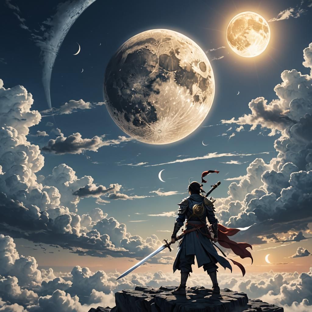 Fantasy Warrior with Sword Under Celestial Sky
