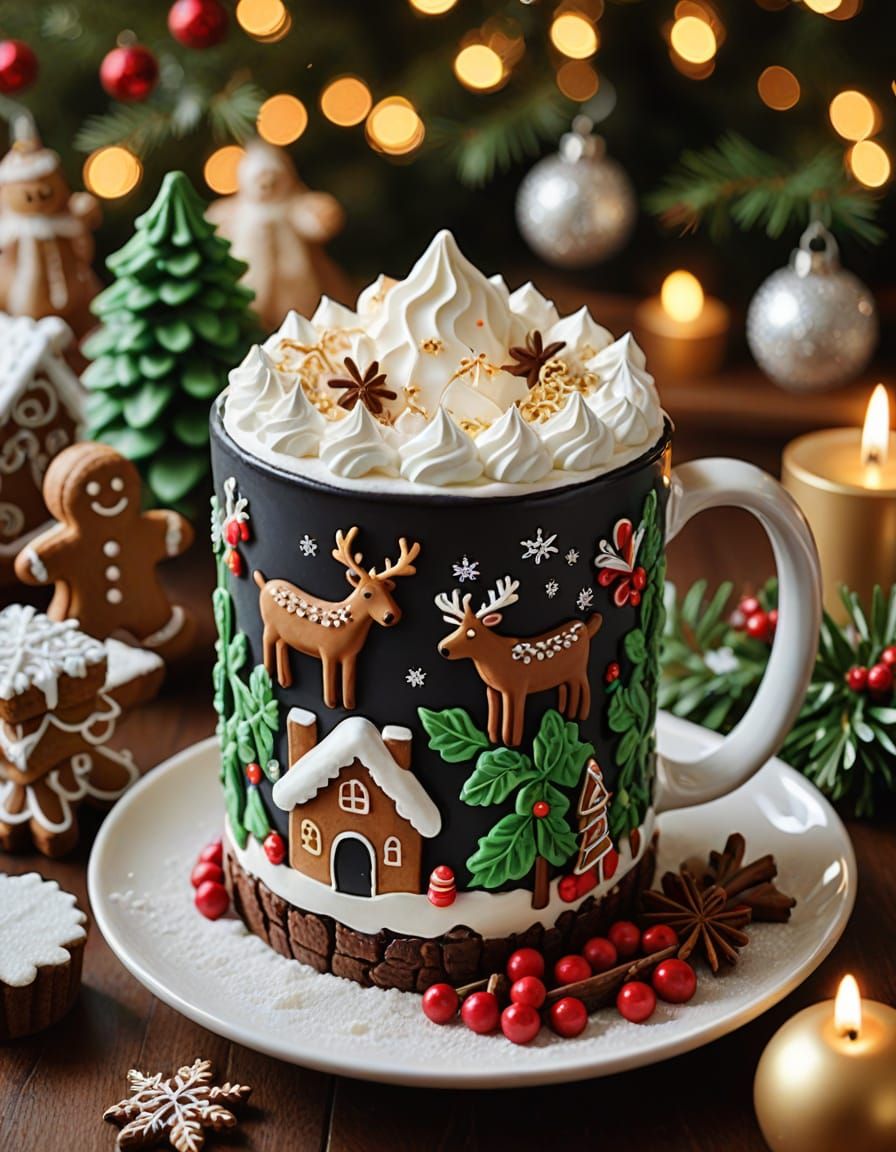 Vibrant Christmas Scene with Golden Light and Cappuccino