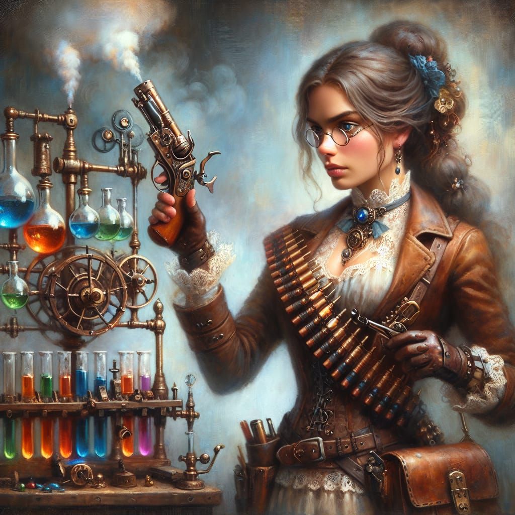 Steampunk Alchemist with Explosive Device in Oil Painting St...