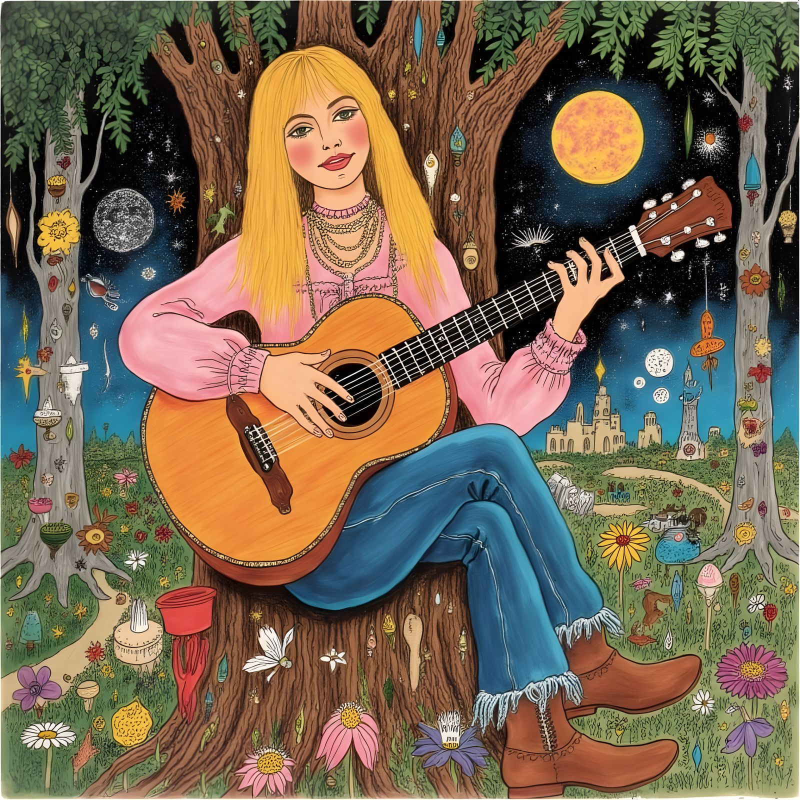 Psychedelic Forest Girl Guitar in Cal Schenkel Style