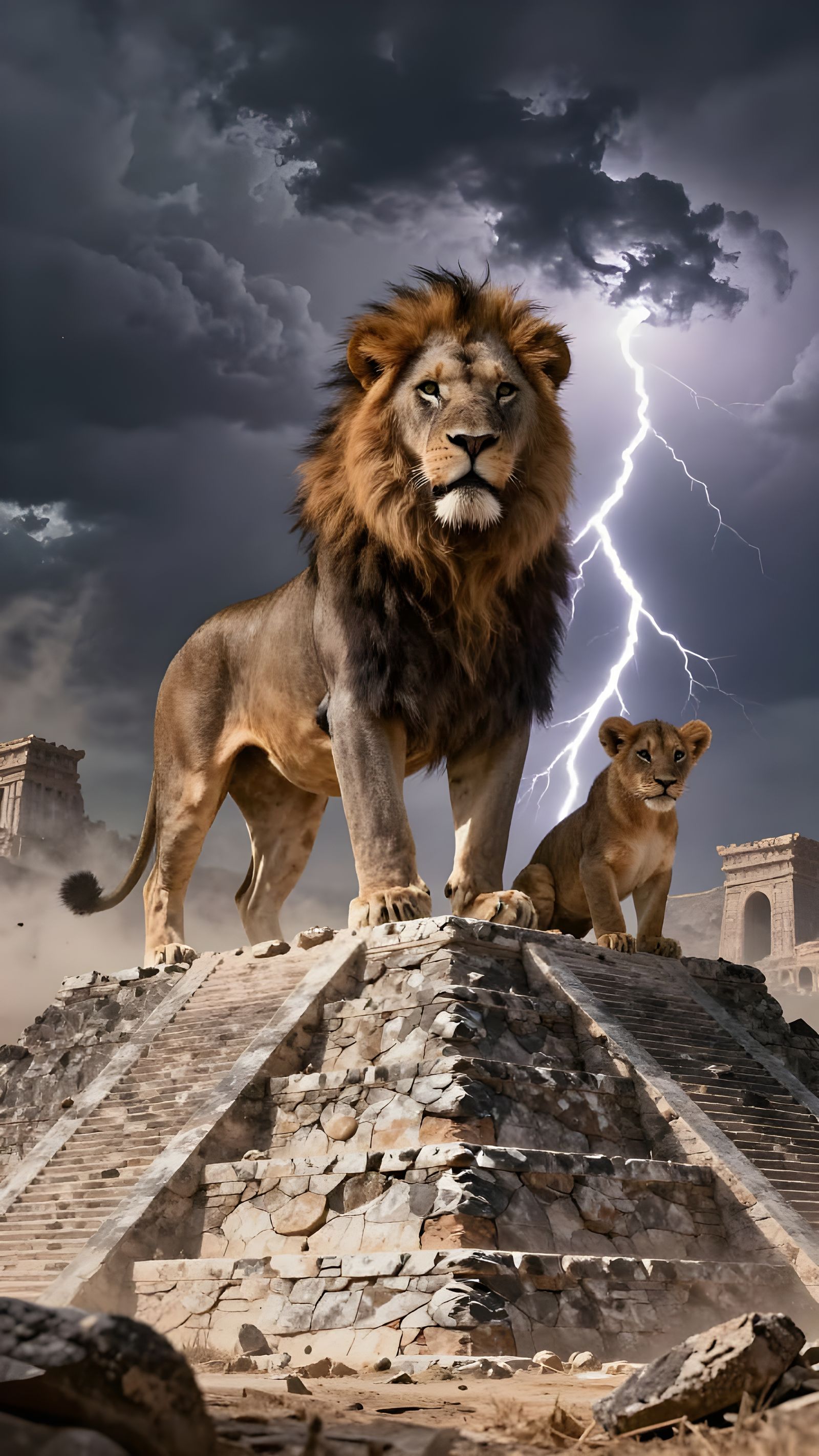 Atlas Lion Family on Ruined Pyramid Under Stormy Sky