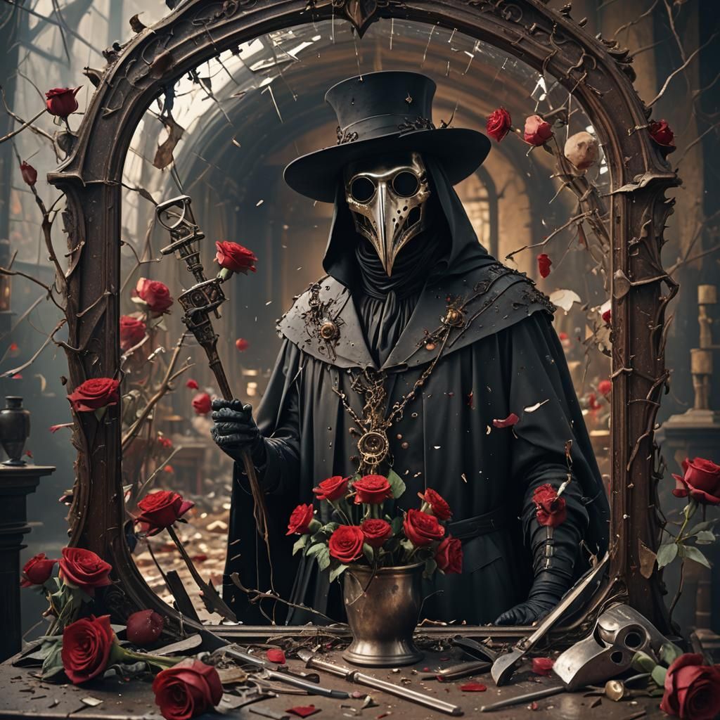 Plague Doctor in Shattered Mirror, Detailed Matte Painting