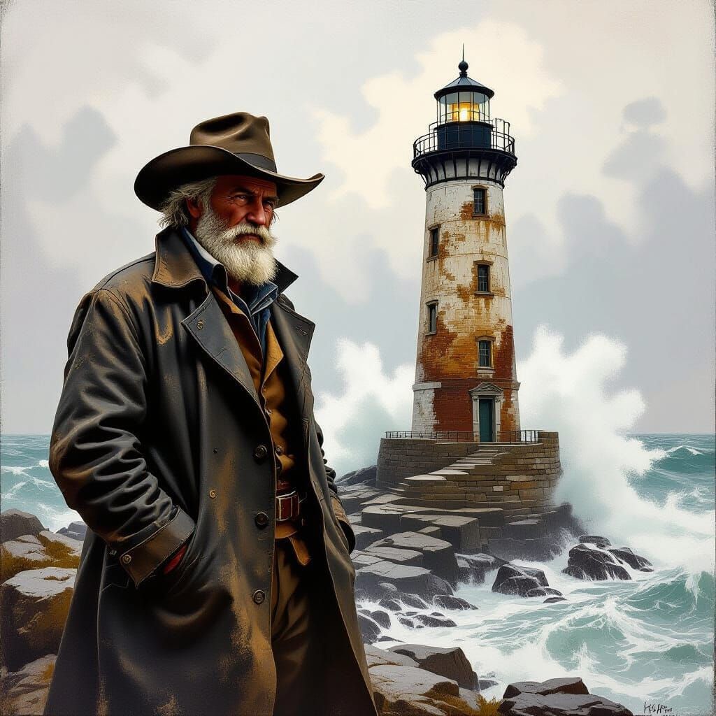 Grizzled Sailor by Lighthouse on Stormy Coast