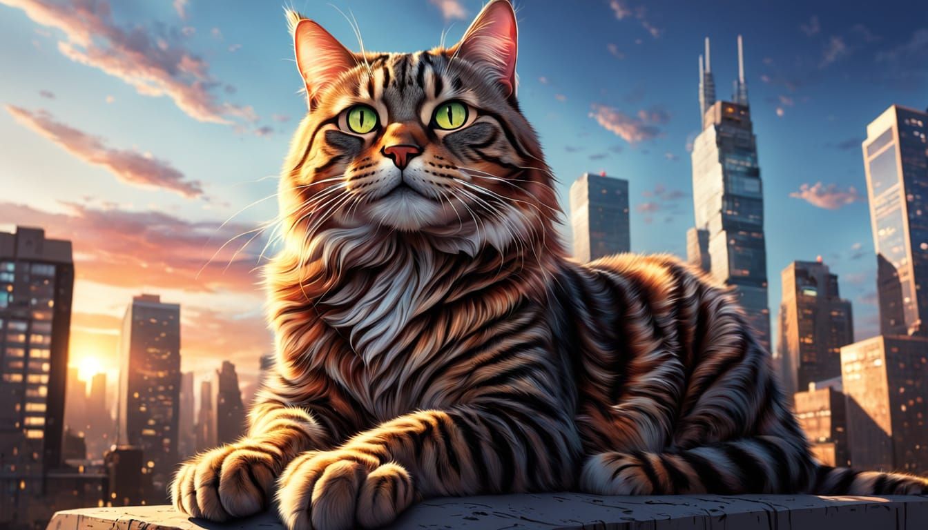 Colossal Tabby Cat Sprawls Across Cityscape: Digital Art