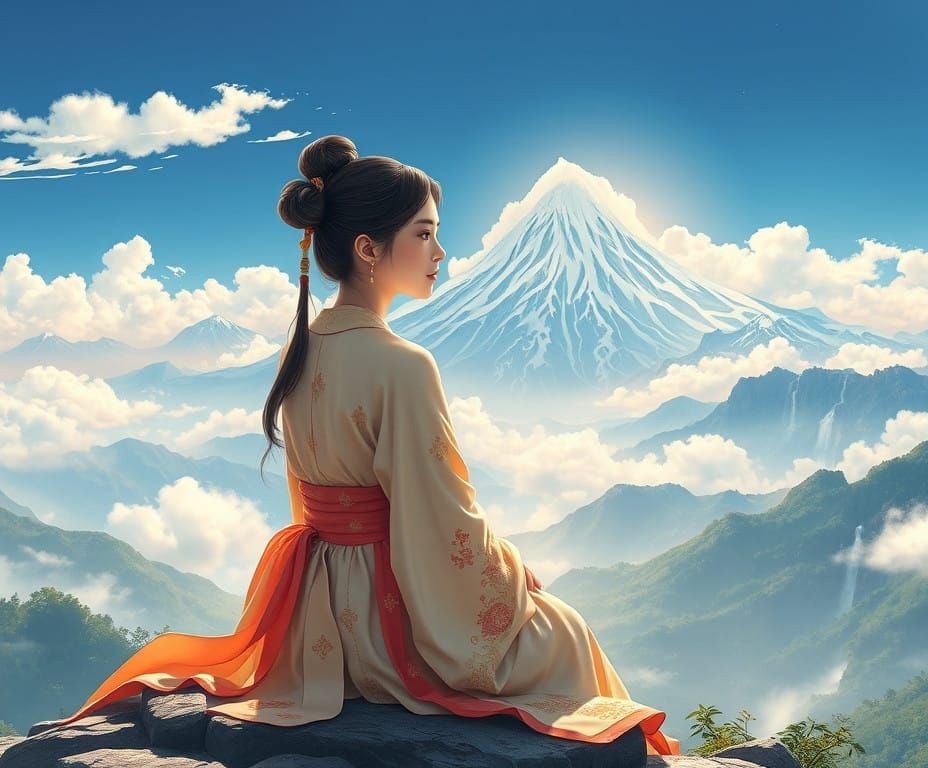 Ethereal Asian Goddess in Majestic Mountain Landscape