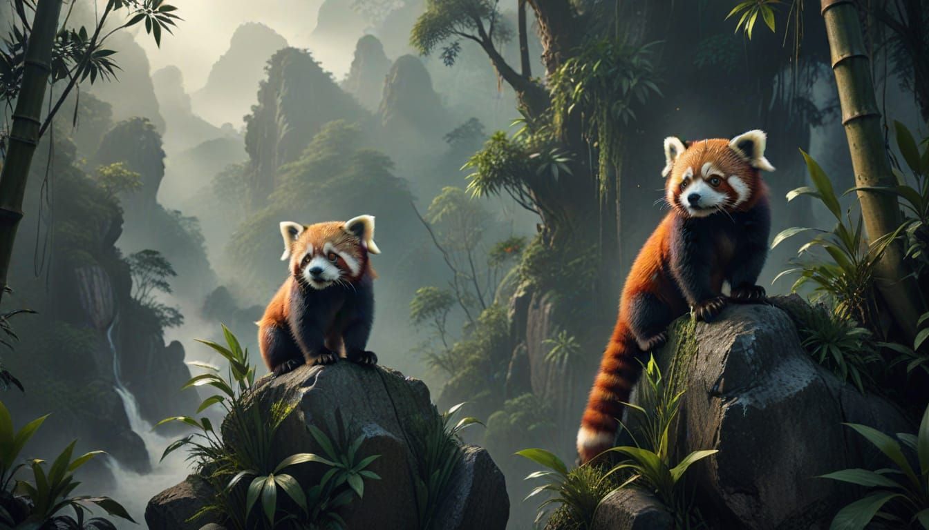 Red Panda Explorer Overlooking Misty Bamboo Jungle in Dramat...