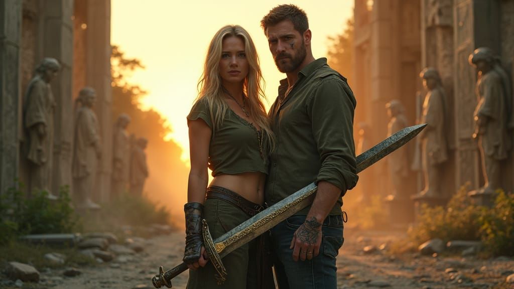 Dramatic Sunset Scene of Two Heroes Standing Together in a R...