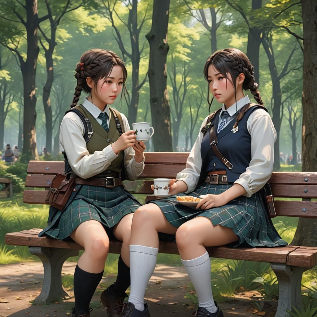 Korean Woman Sipping Tea in Forest, 3D Anime Art