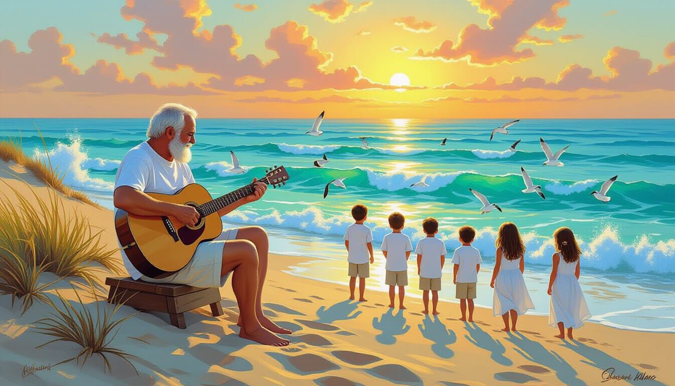 Grandfather's Seaside Serenade: Impressionistic Sunset Scene