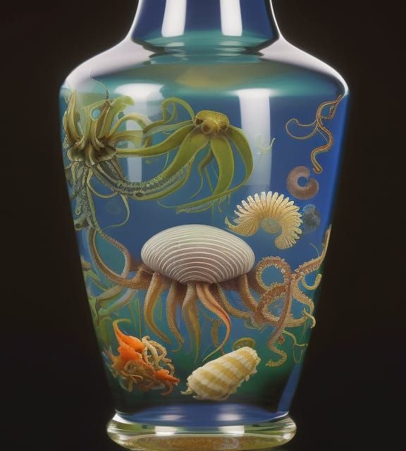 Glass Vase with Sea Life and Robot, Detailed Illustration