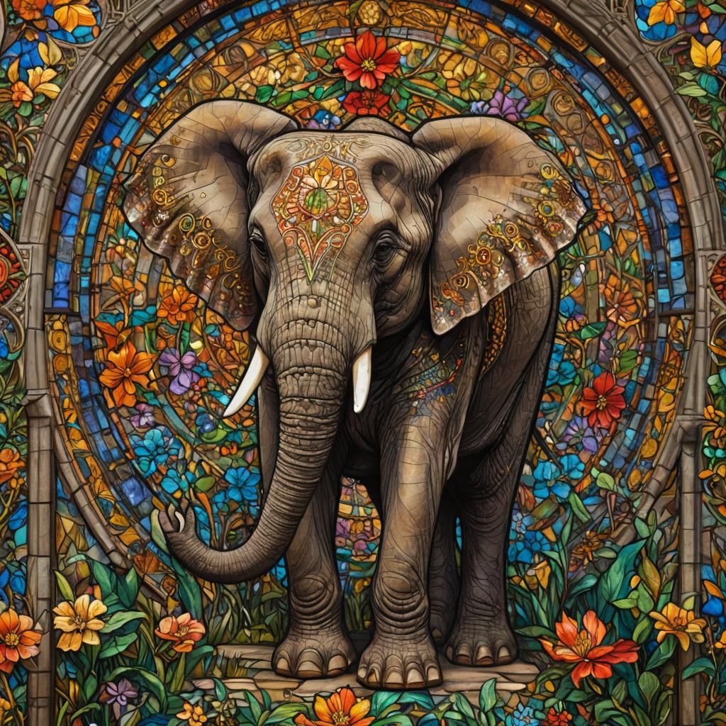 Ornate Stained Glass Elephant Portrait in Art Nouveau Style