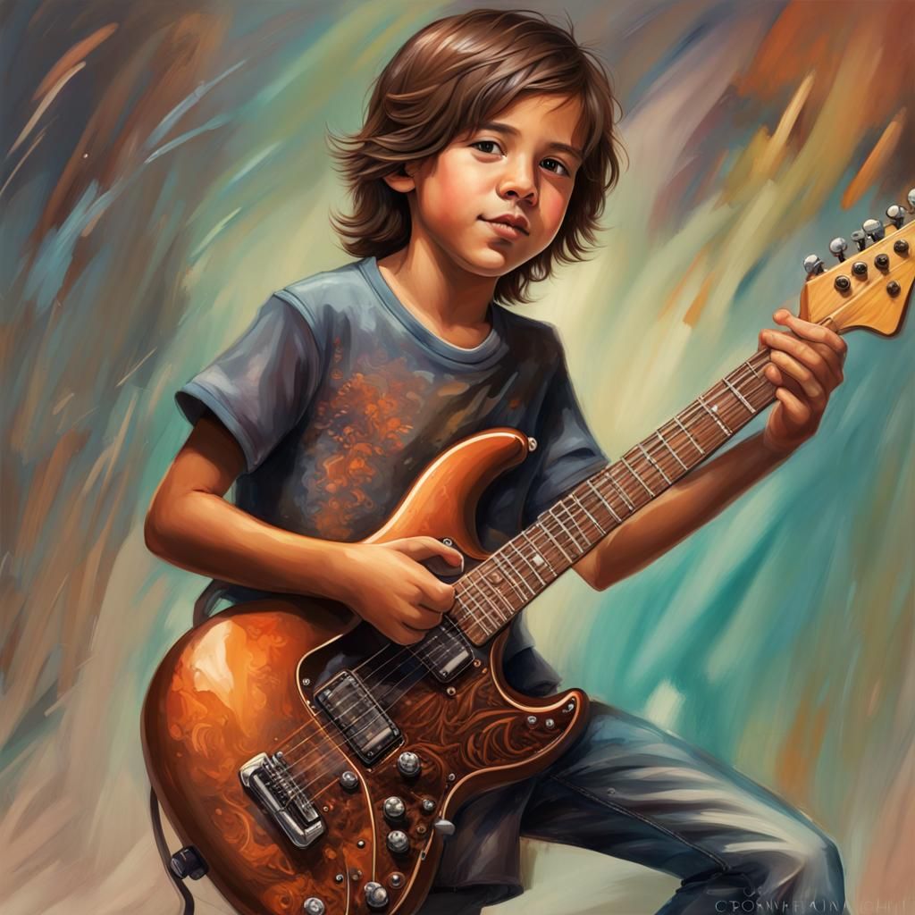 Boy with Guitar: Hyperrealistic Splash Art Portrait