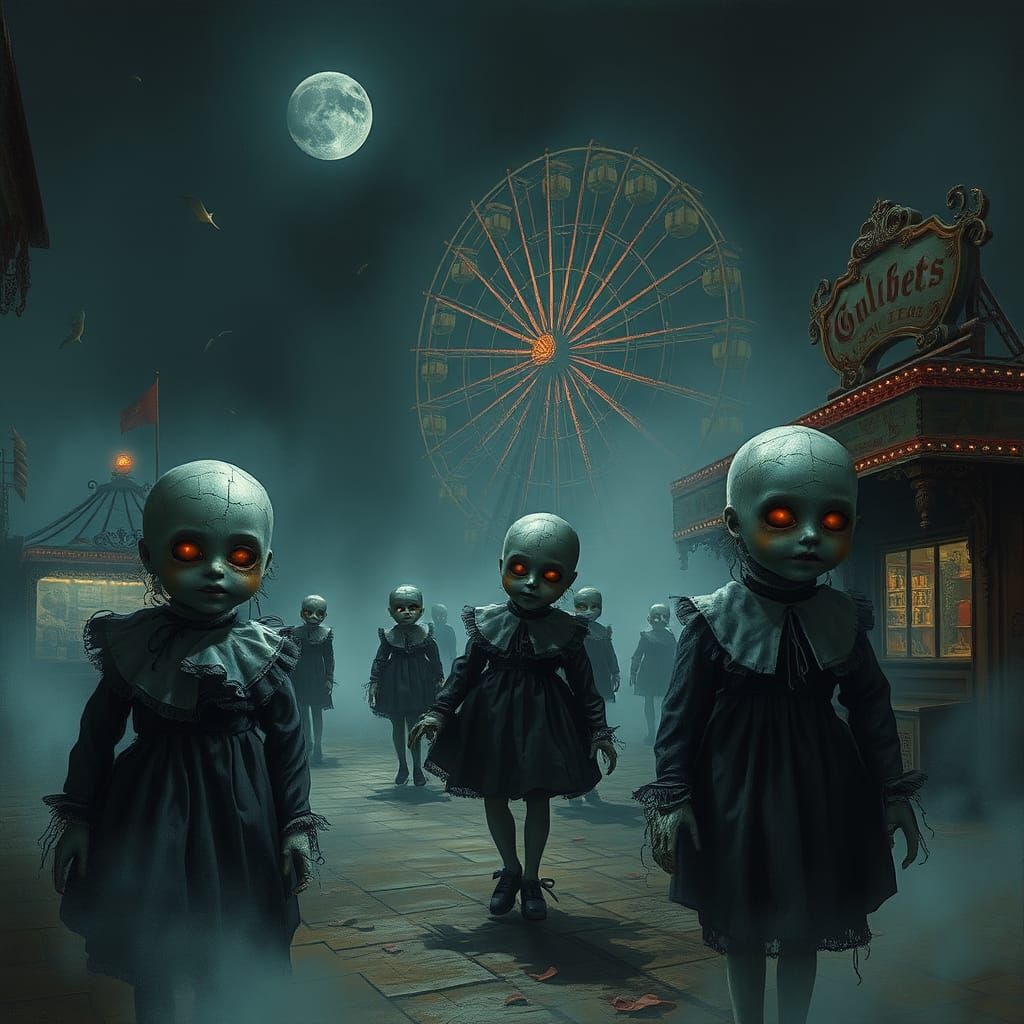 Creepy Dolls in Abandoned Carnival: Dark Surrealism