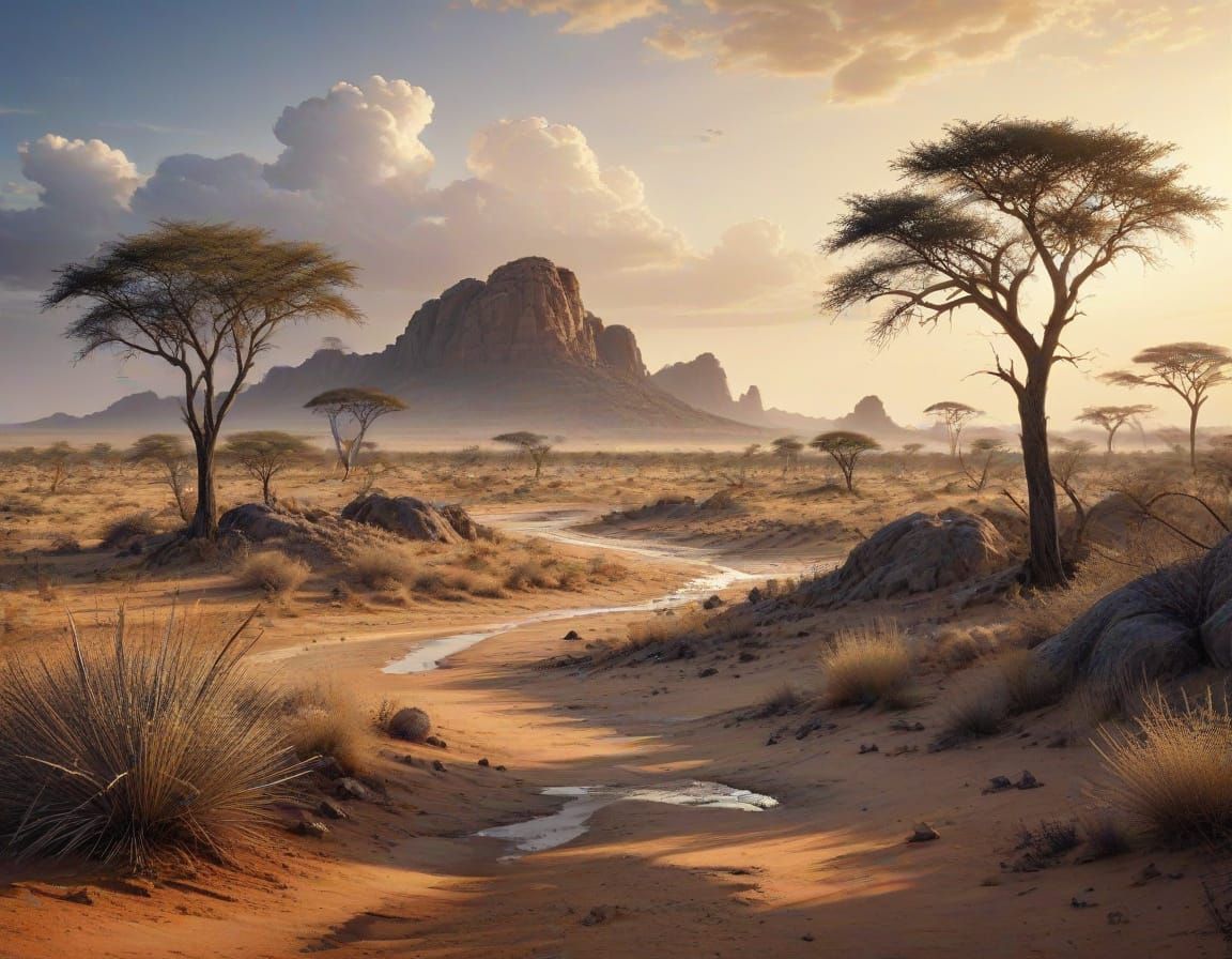 Serenely Dreamy Kalahari Desert Scene in Watercolor Ink Styl...