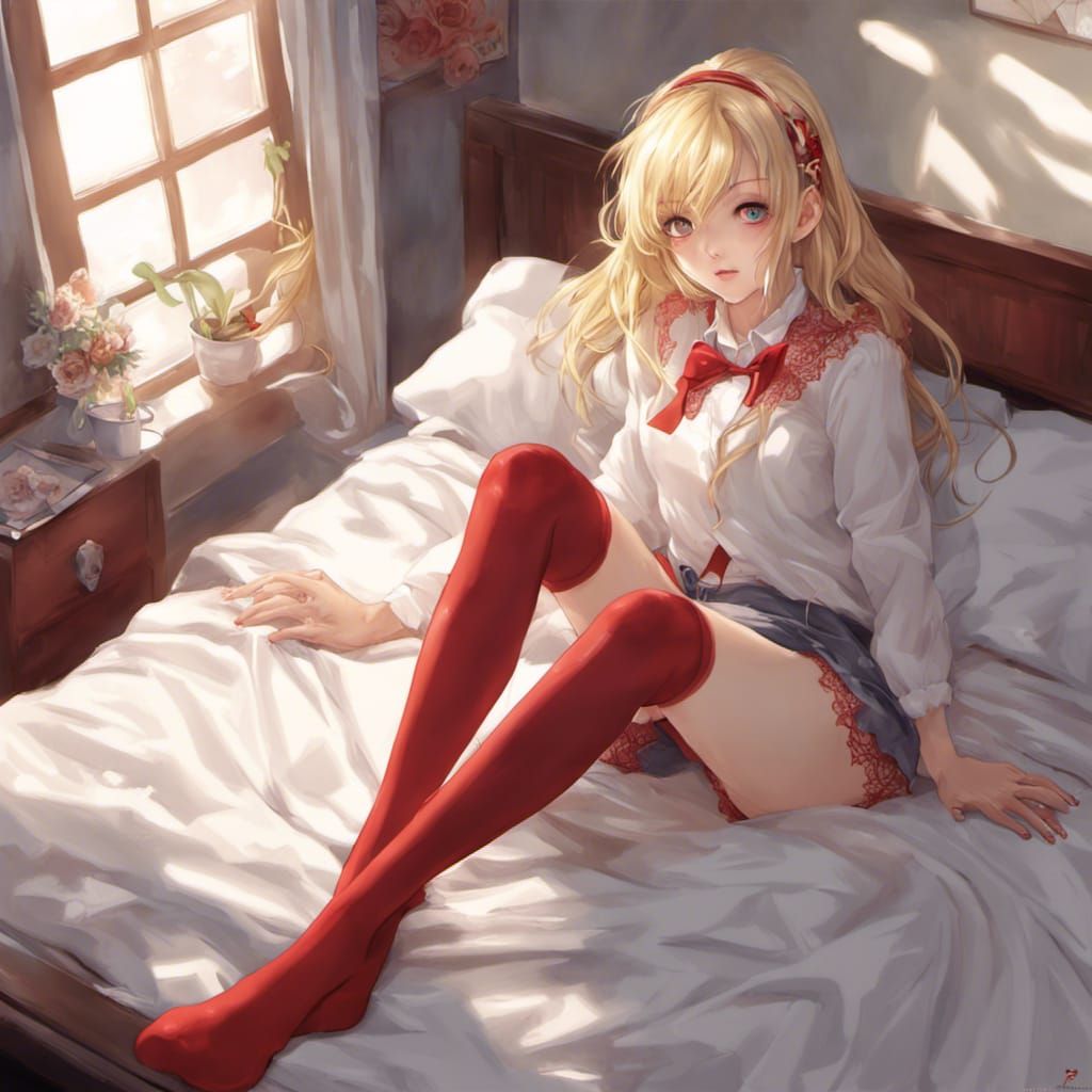 Anime Style Blonde Model in Red Lace