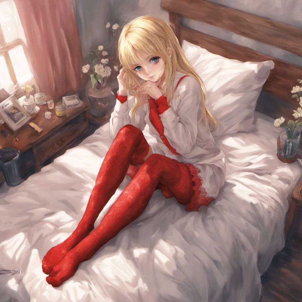 Anime Style Blonde Model in Red Lace in Bedroom