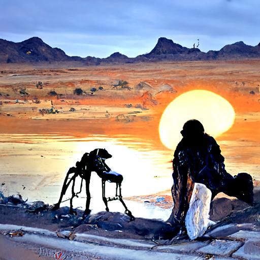 Alien and Dog Contemplate Desert Sunset