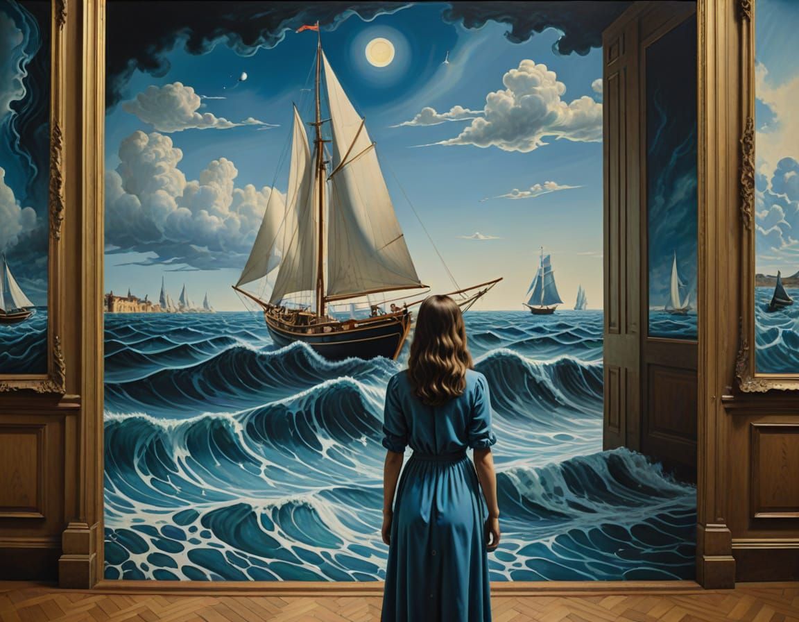 Surreal Gallery Scene: Water Flows From Painting, Shocked Gi...