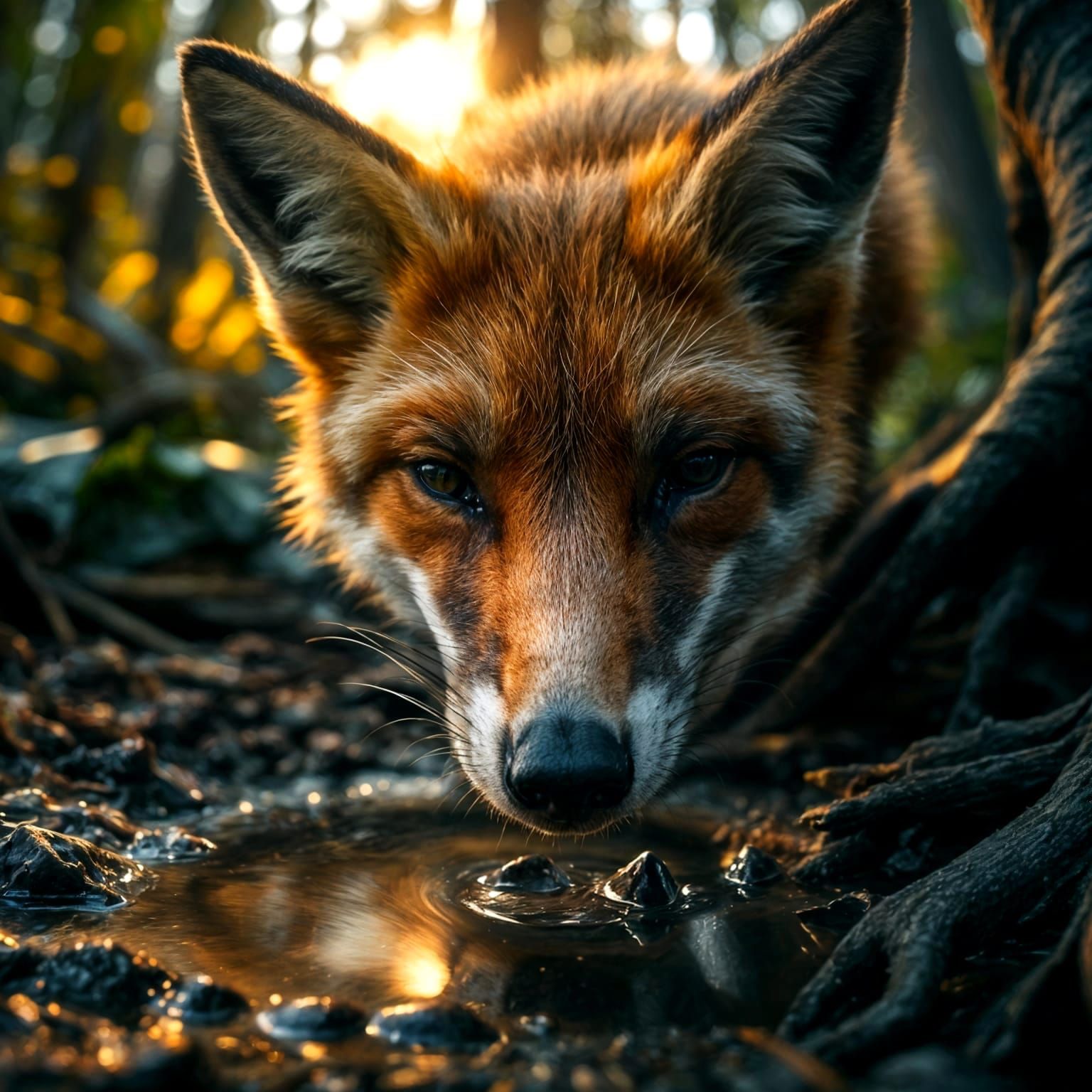 Macro Fox Sniffing Water: Cinematic Forest Scene
