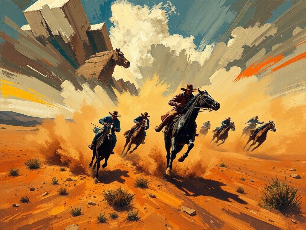 Cowboy Chase in Stormy Desert, Expressionist Style