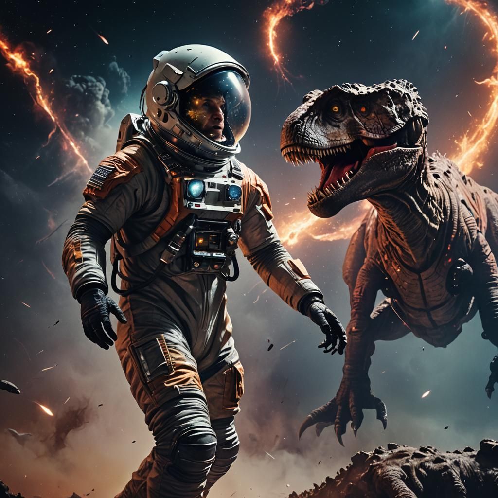 Astronaut Versus T-Rex in Space: Cinematic Film Still