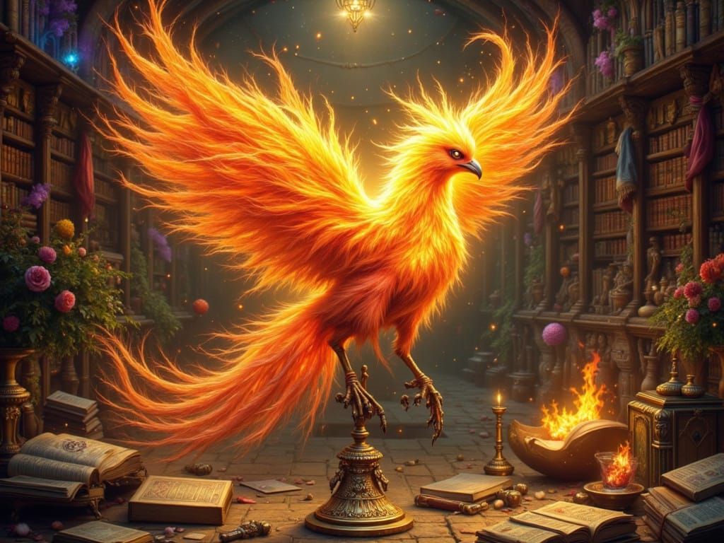 Ethereal Phoenix in a Wizard's Office, Anime-Style