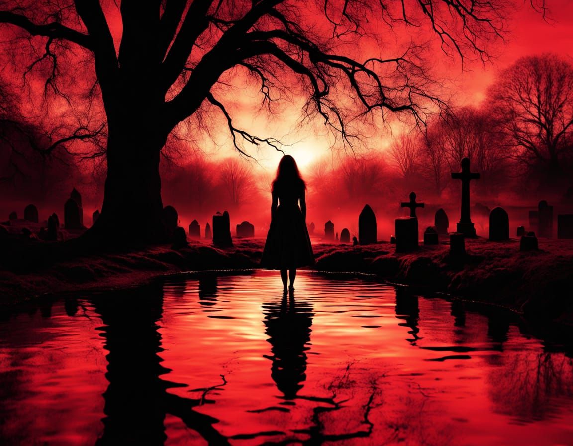 Ethereal Woman Emerges from Crimson Cemetery Pond