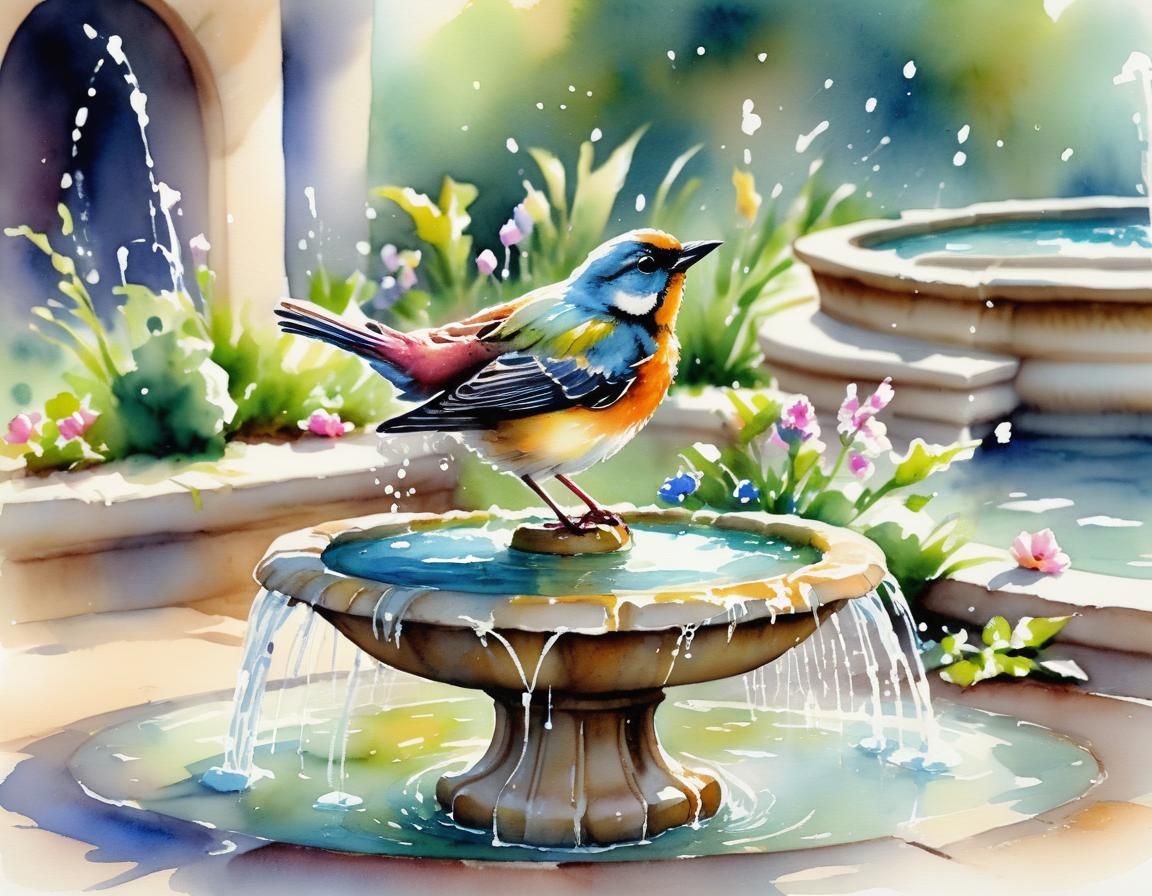 Pastel Watercolor Bird Plays in Fountain