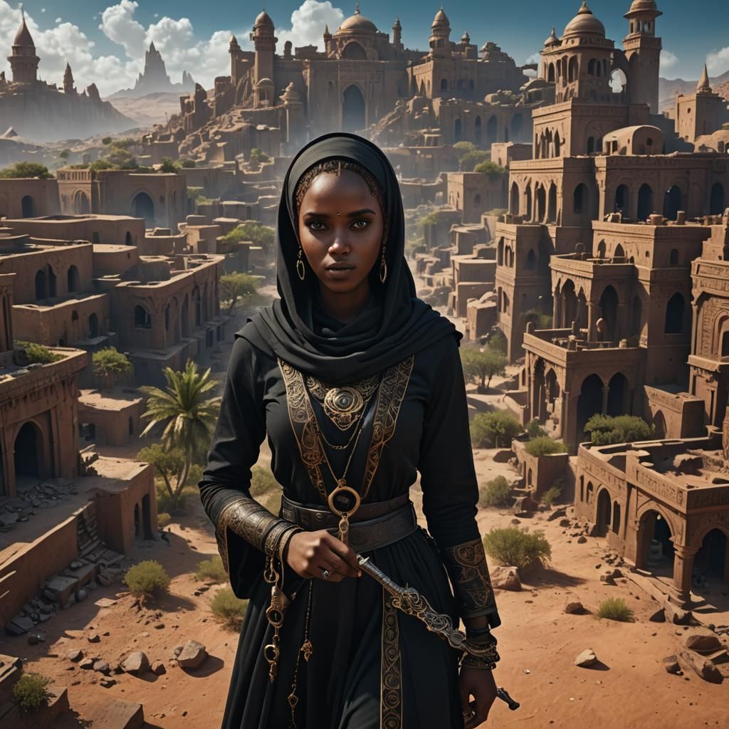 Somali Girl in Black: Detailed Matte Painting