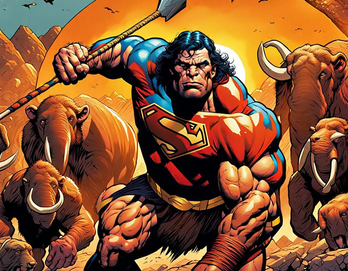 Neanderthal Superman Leading Mammoth Hunt: Comic Book Art