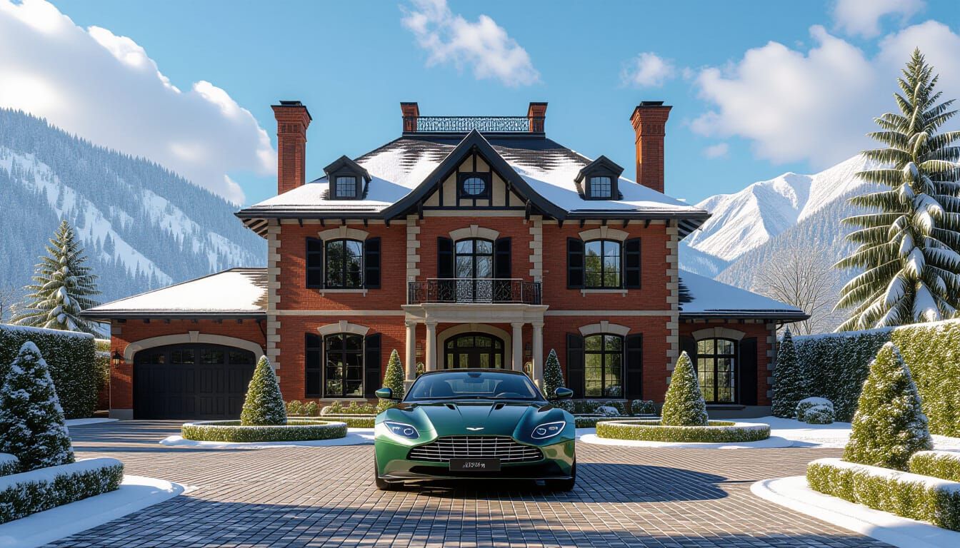 Victorian Chateau with Aston Martin in Snowy Landscape