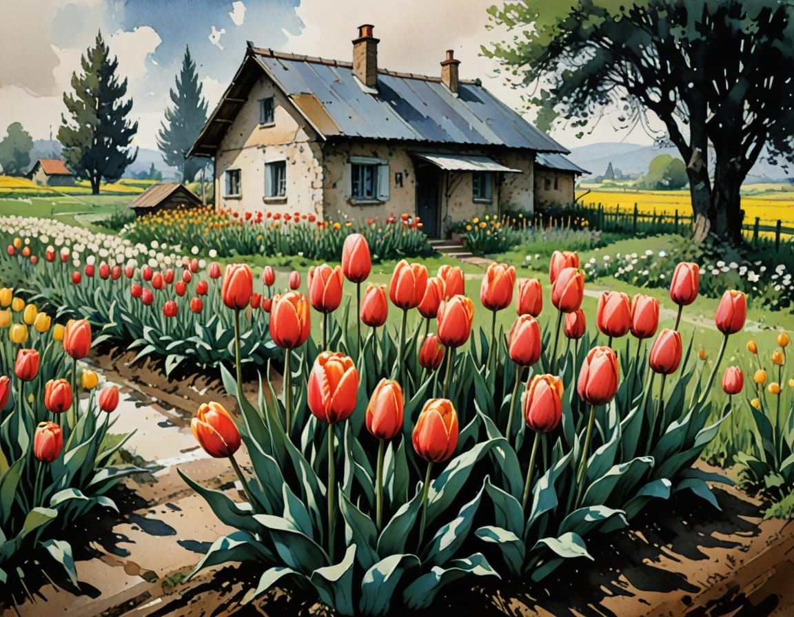 Tulips in a Quaint Cottage Garden