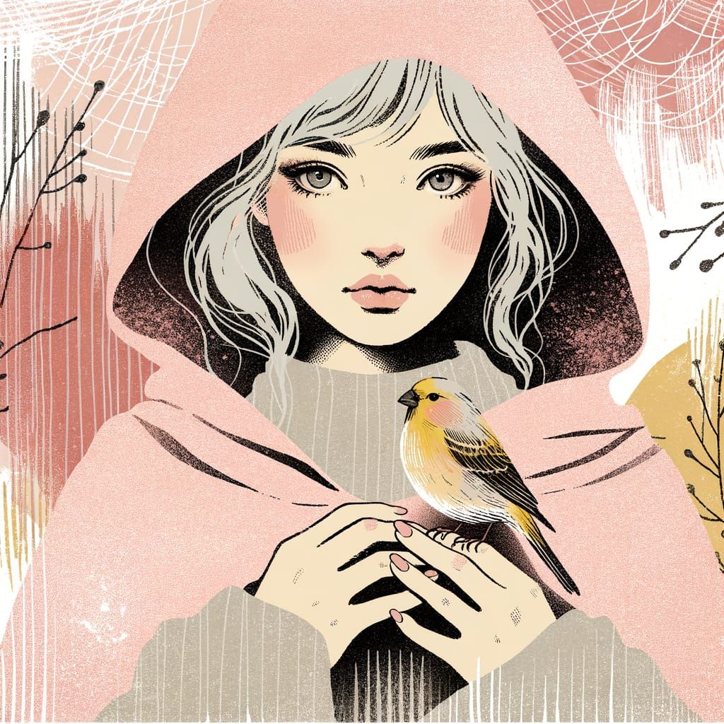 Woman with Canary in Japanese Woodblock Style