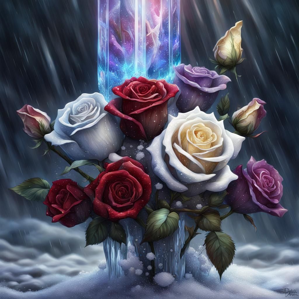 Dissolving Cosmic Crystal with Roses: Dark Fantasy Art